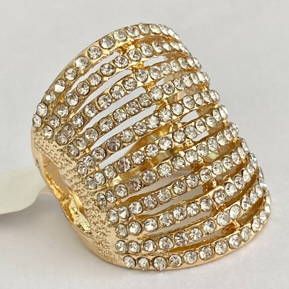 Deco Dome Cubic Zirconia Cocktail Ring Yellow Gold Plated Size 7 8 9 Statement - Picture 7 of 16